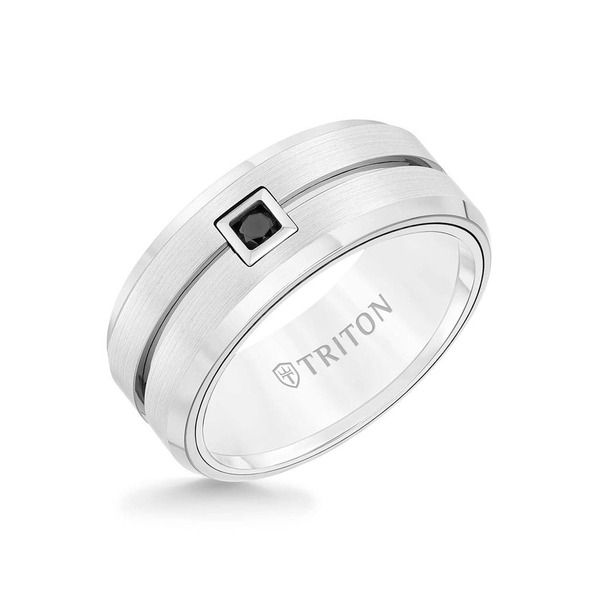 トリトン レディース アクセサリー 指輪 Triton 9MM Ring with Single Black Diamond Center and Brushed Center with Bevel
