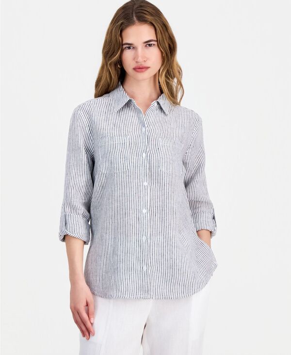 チャータークラブ レディース トップス シャツ リネン Charter Club Womens 100 Linen Shirt Created for Macys Black Stripe ブラック