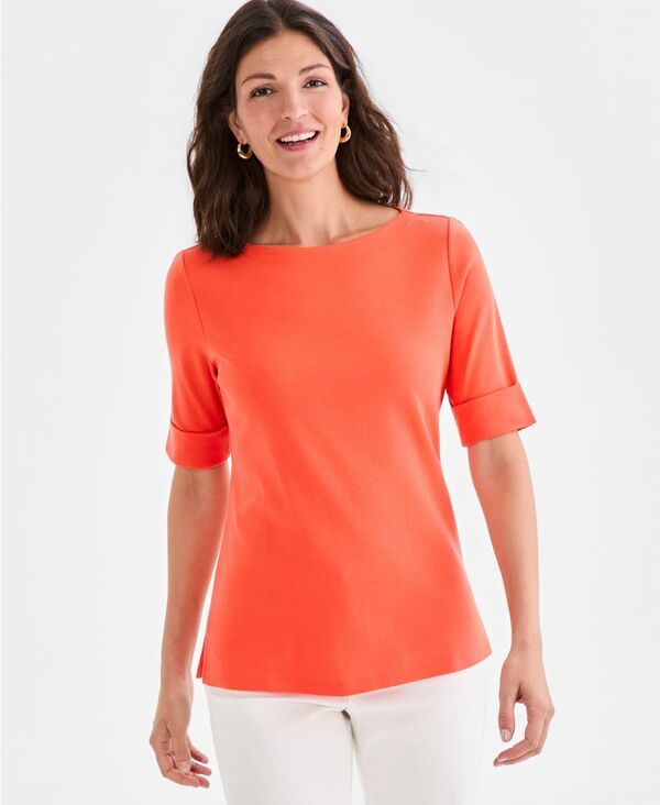 スタイルアンドコー レディース トップス シャツ コットン Style Co Womens BoatNeck Elbow Sleeve Cotton Top Exclusively at Macys
