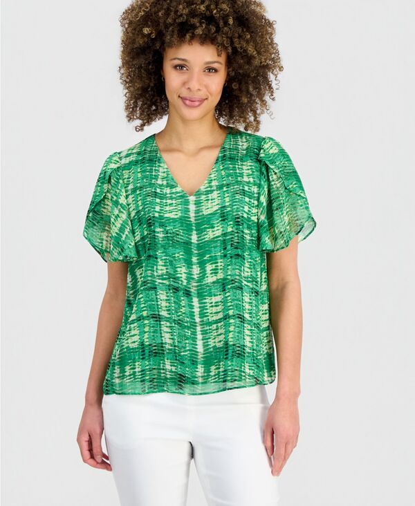 カスパール レディース トップス シャツ ブラウス Kasper Womens Plaid TulipSleeve Blouse Lush Green Multi グリーン
