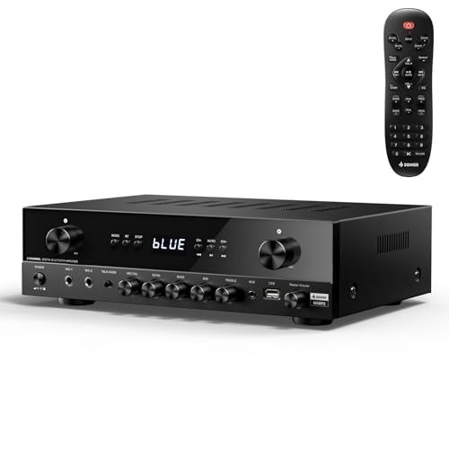 ★新品★Donnerステレオ・オーディオ・アンプ、600Wピーク2チャンネル・レシーバー、Bluetooth 5.3、フォノ、光、同軸、USB、FM、2マイク入力、AUX、RCA入力、ホーム、カラオケ、シアター・スピーカー用、MAMP2 11f62488