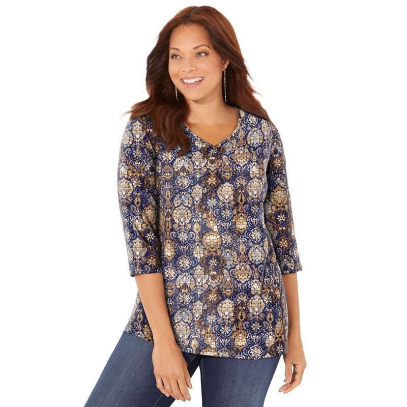 キャサリンズ レディース トップス Tシャツ Vネック プラスサイズ Catherines Womens Plusize Suprema 34 Sleeve VNeck Tee Navy Ikat M