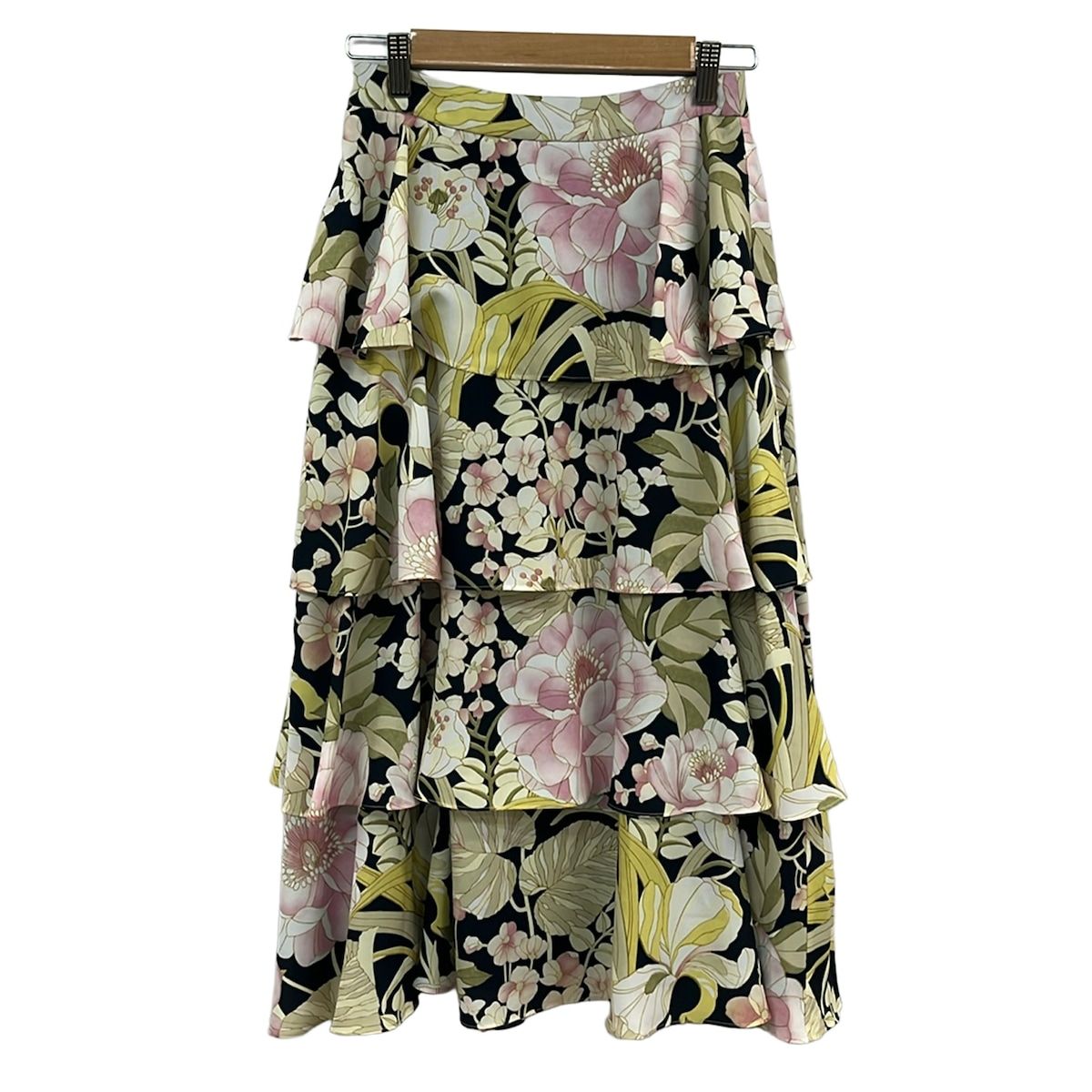 TED BAKER(テッドベイカー) ロングスカート サイズ0 XS レディース美品 - 黒×イエロー×ピンク 花柄/フリル