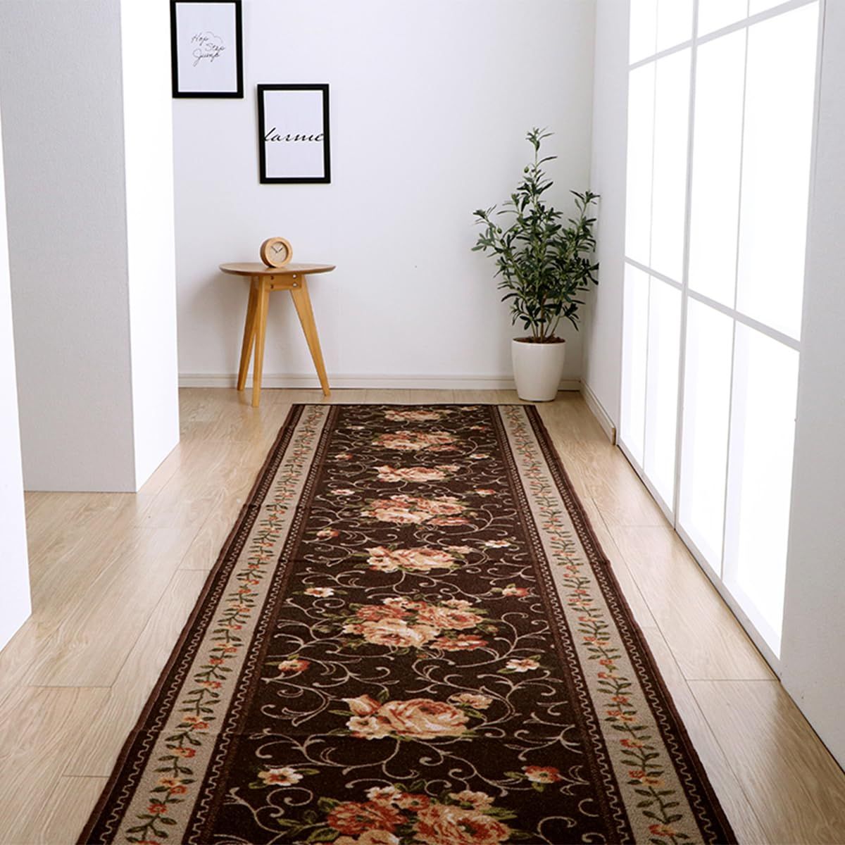 新品 イケヒコ 廊下敷き マット 花柄 エレガンス 撥水 キャンベル ブラウン 約60×440cm #4730229