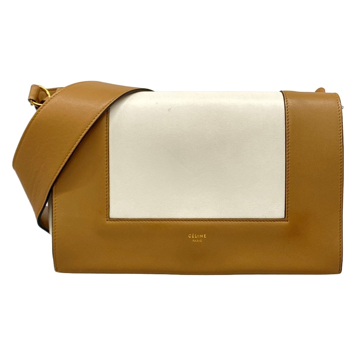 CELINE(セリーヌ) ショルダーバッグ フレーム ミディアム 白×ライトブラウン レザー