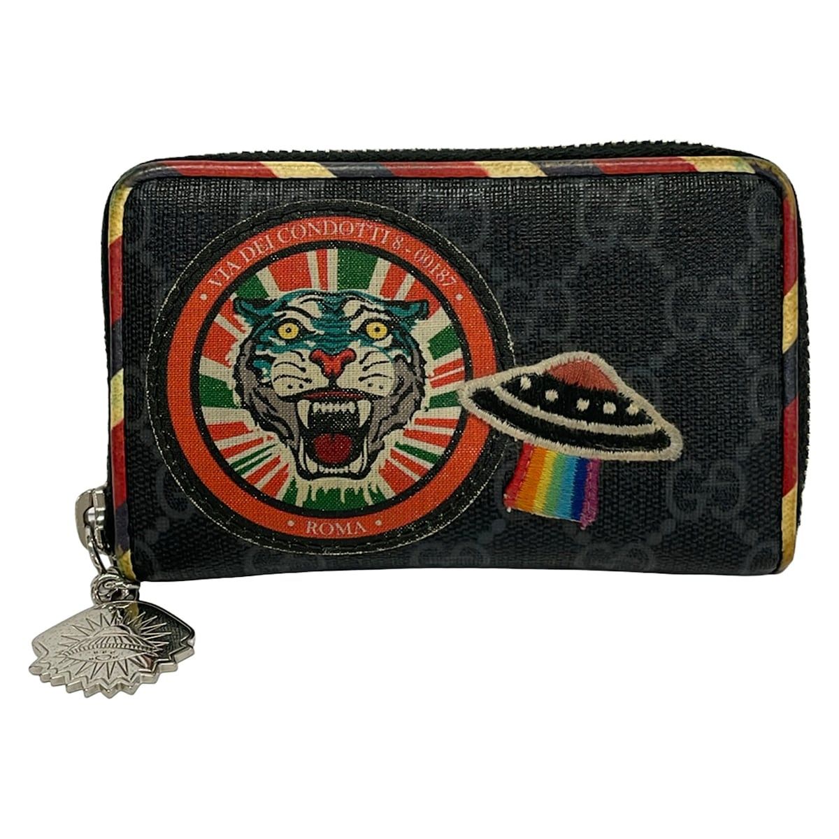 GUCCI(グッチ) コインケース美品 グッチクーリエ 496343 黒×ダークグレー×マルチ ラウンドファスナー レザー