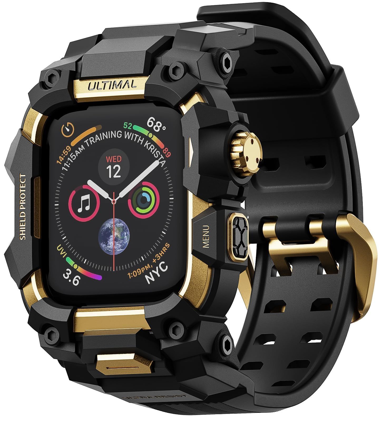 新品 ULTIMAL に対応 Apple Watch SE（第3/2世代）/SE/Series 6/5/4（44mm）用 バンド一体型保護ケース TPU 耐衝撃 高耐久 通気性 簡単装着 スポーツ/アウトドア向け ゴールド・ブラック