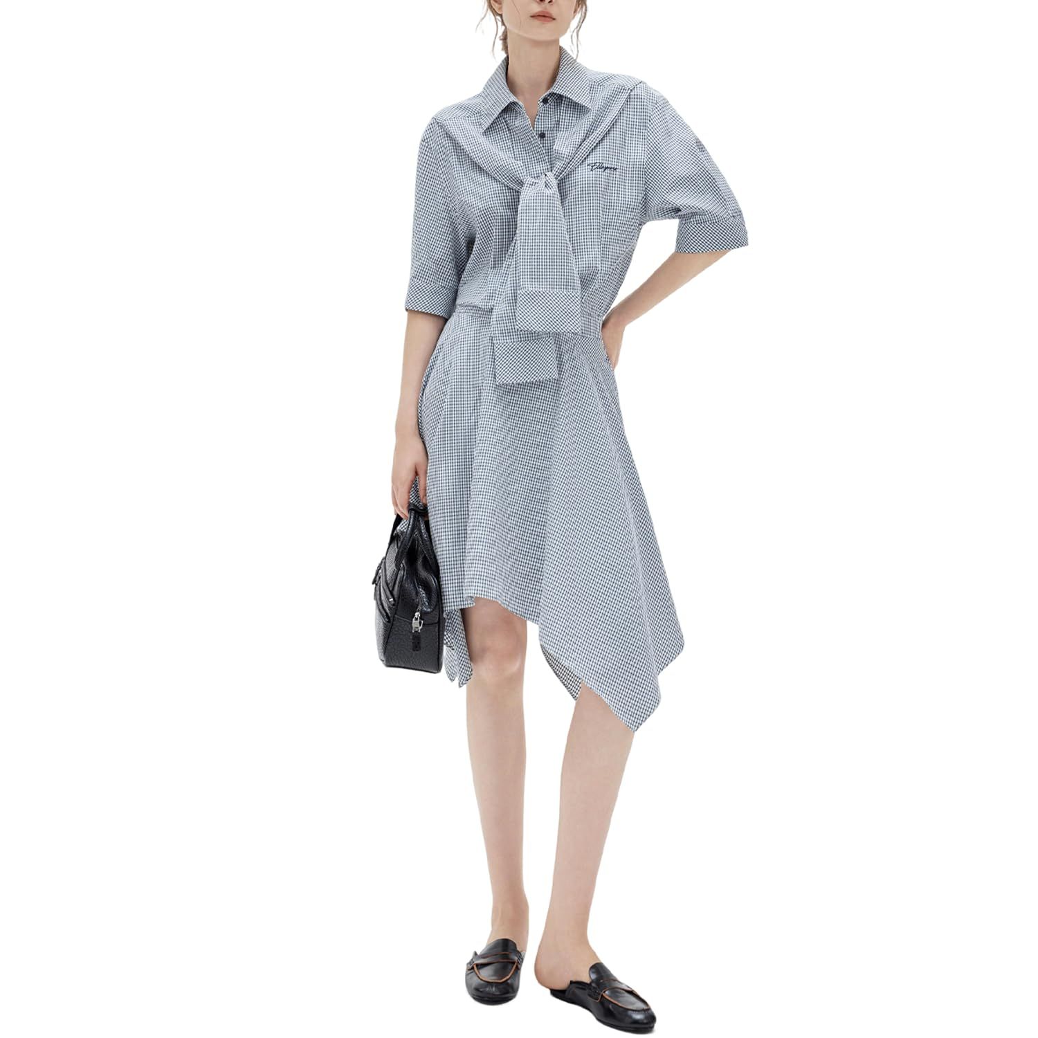 新品 [ELLE] エル ワンピース レディース チェック柄 シャツカラー ブルー系 リヨセル混 綿混 裏地付き ケープ風デザイン アシンメトリーヘム きれいめ 通勤 オフィスカジュアル S M L