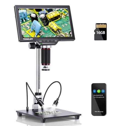 デジタル コイン顕微鏡 TOMLOV MAX1300倍率 7インチ HDMI 液晶 ビデオ顕微鏡 8 LEDライト10インチ昇降スタンド PC接続可能 USBマイクロスコープWindows/Mac OS/TV対応 1200X 16GBカード e469f8b2