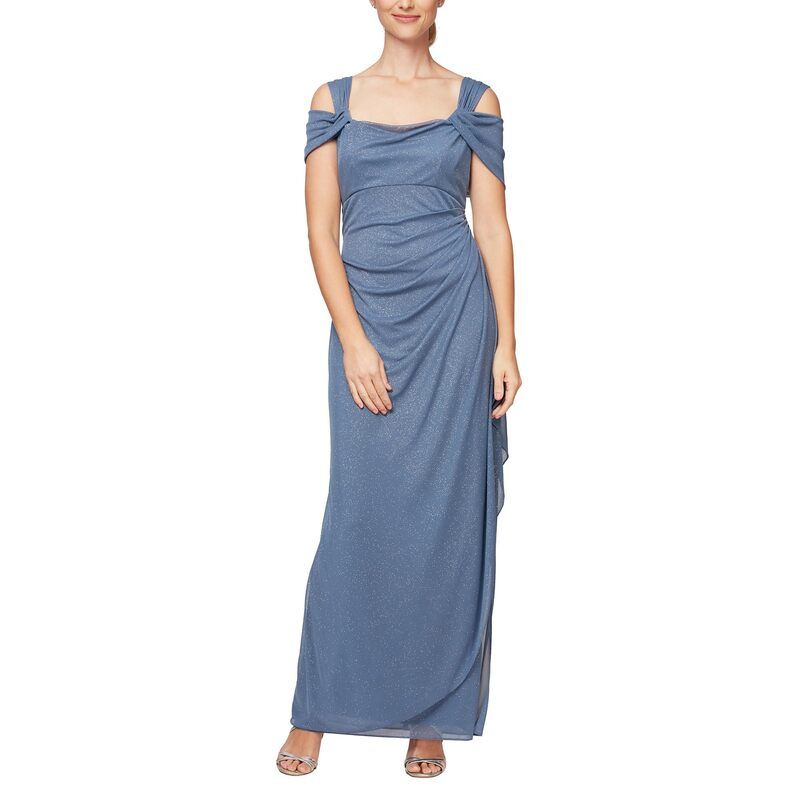 アレックスイブニングス レディース トップス ワンピース メッシュ Alex Evenings Long Glitter Mesh Cold Shoulder Dress Dusty Blue ブルー
