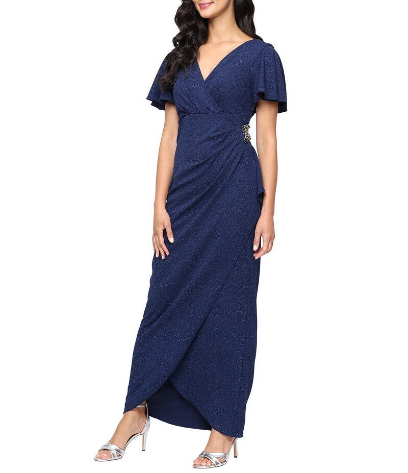 イグナイト レディース トップス ワンピース Vネック マキシワンピース エンパイア ニット マキシ Ignite Evenings Short Flutter Sleeve VNeck Glitte