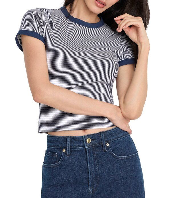 グッドアメリカン レディース トップス Tシャツ クルーネック ニット Good American Stripped Super Stretch Knit Crew Neck Short Sleeve