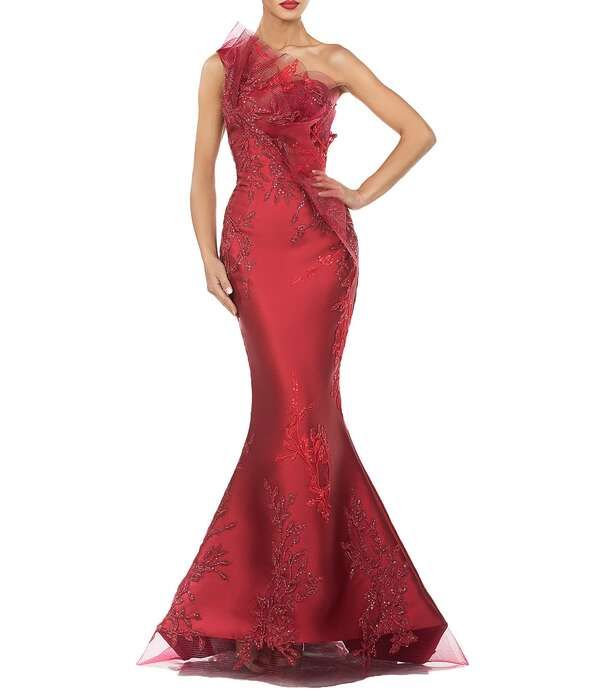 テラニクチュール レディース トップス ワンピース Terani Couture One Shoulder Beaded Tulle Mermaid Gown Wine ワイン