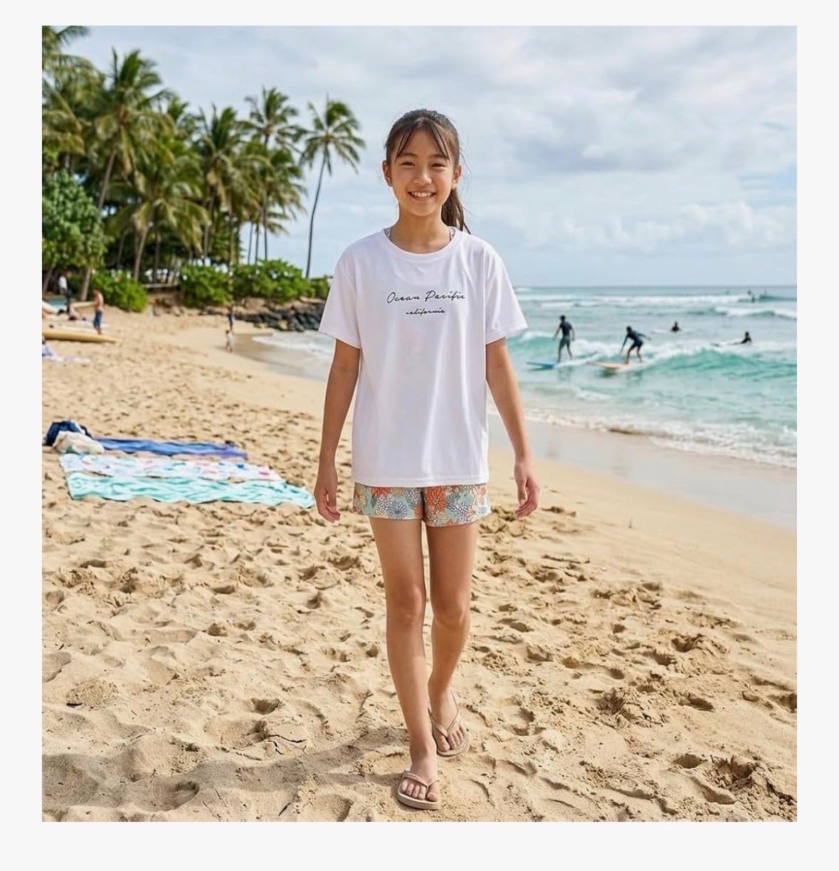 【最短翌日配達】 OP オーシャンパシフィック 女の子 水着 セット キッズ サーフブランド Tシャツ ショートパンツ付き タンキニセット ジュニア 子供用 海水浴 プール 564802-MTG