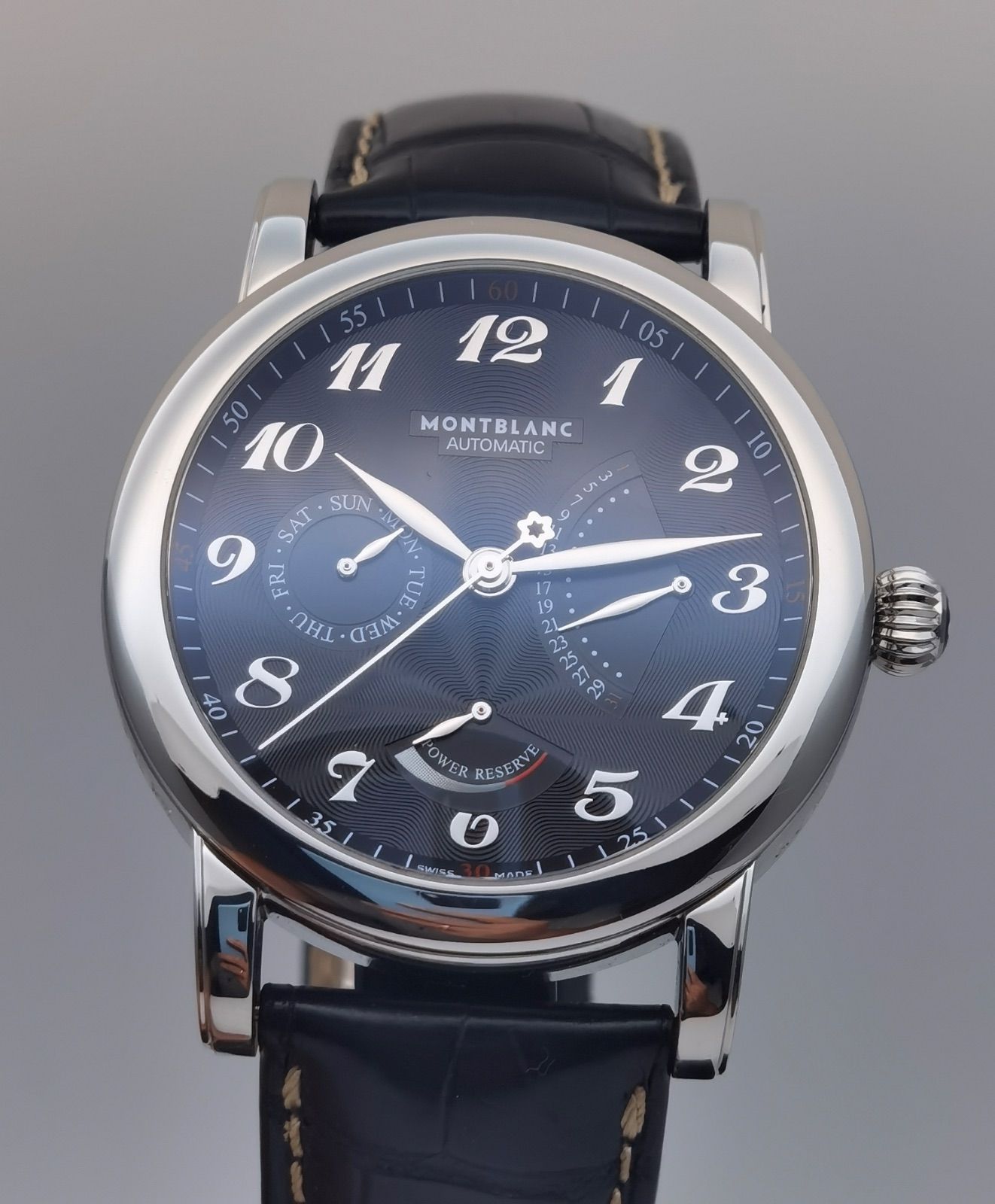 中古美品 モンブラン MONTBLANC スター 7202 レトログラード デイデイト パワーリザーブ SS ブラック文字盤 自動巻き メンズ 腕時計
