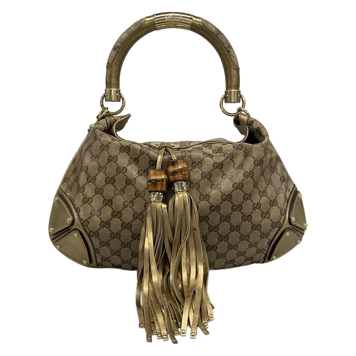GUCCI(グッチ) ハンドバッグ インディ 185566 ベージュ×ダークブラウン×ゴールド レザー
