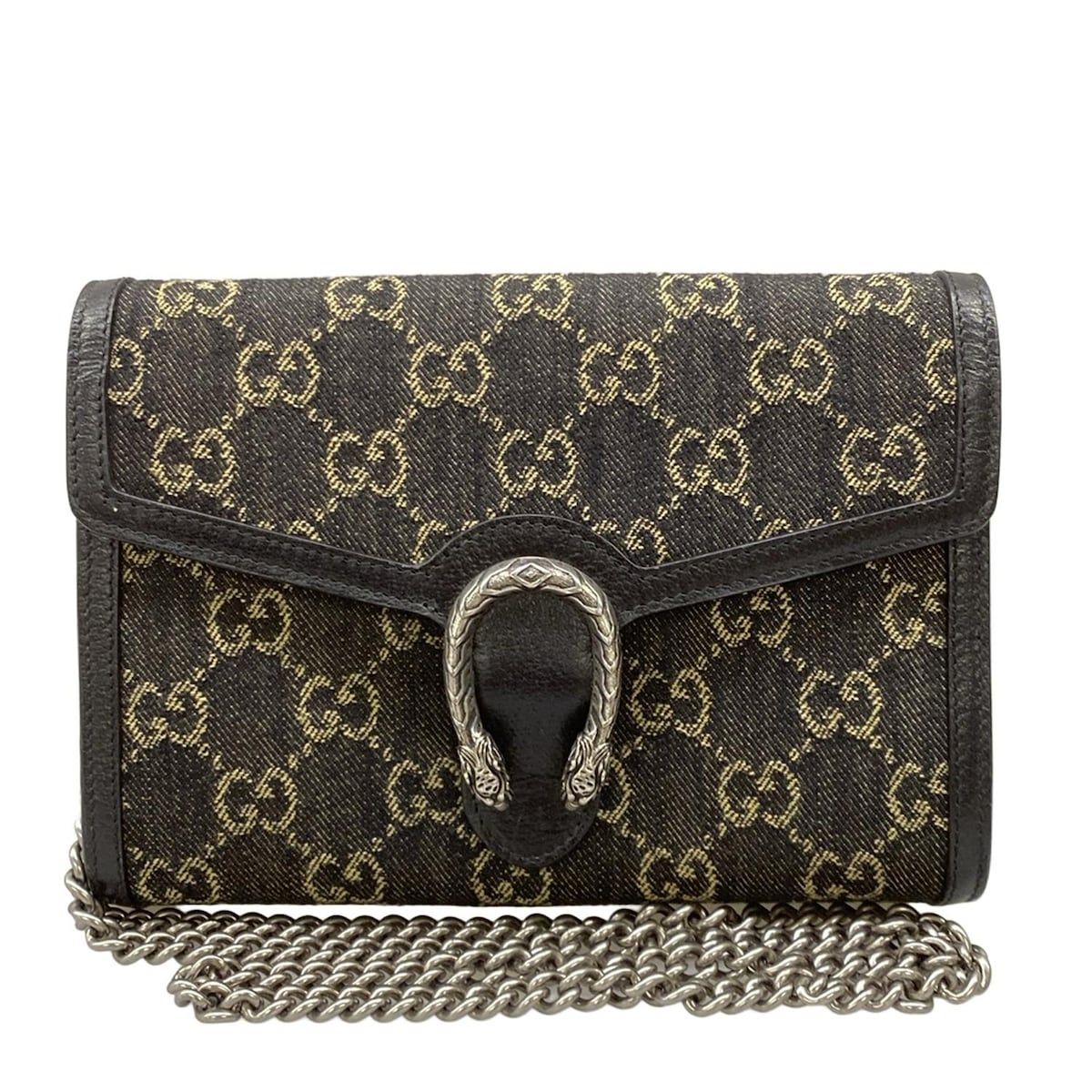 GUCCI(グッチ) 財布 ディオニュソス/GG柄 401231 黒×ベージュ チェーンウォレット/ストラップ着脱可 レザー