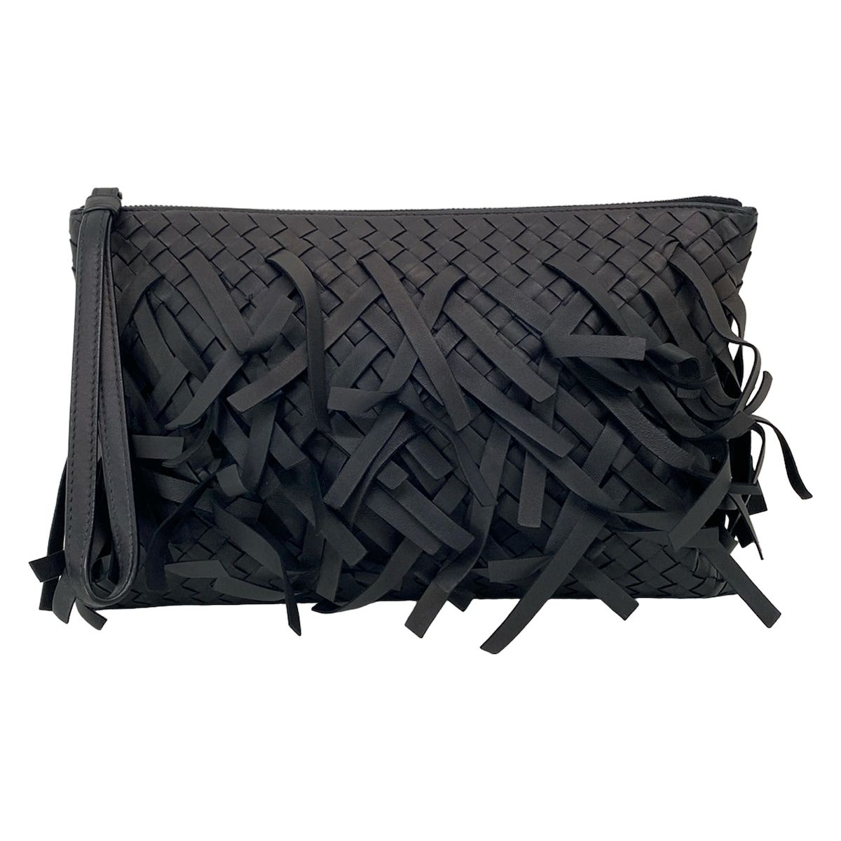 BOTTEGA VENETA(ボッテガヴェネタ) クラッチバッグ イントレチャート 黒 フリンジ レザー