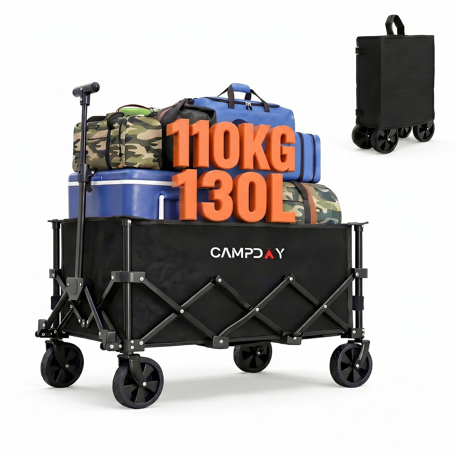 CampDay キャリーワゴン 【ワンタッチ収納 2026新モデル】、 耐荷重110kg、 子供乗せれる キャンプ カート、 アウトドアワゴン、 自立式収納、 頑丈スチール制、 多地形対応、 折りたたみ式 アウトドア・荷物運び・買い物e
