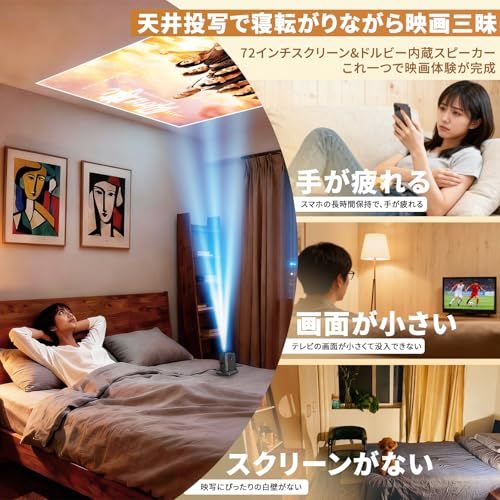 プロジェクター 家庭用 超小型【2026最新?360°回転?Android TV14.0】 HDMIケーブル＆スクリーン付き 超短焦点 自動台形補正 天井投影 ポータブル 4K対応 WiFi 6 Bluetooth 5.4 ホームプロジェクター 1080P e