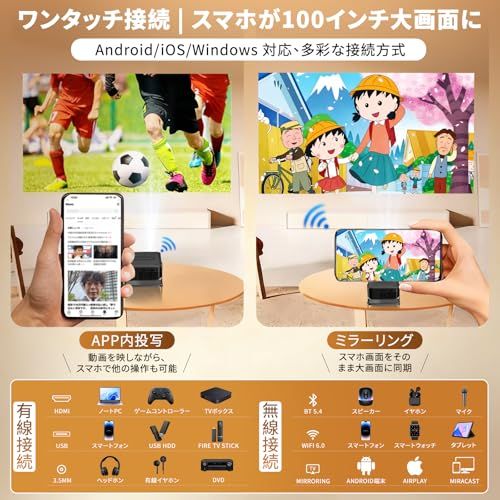 プロジェクター 家庭用 超小型【2026最新?360°回転?Android TV14.0】 HDMIケーブル＆スクリーン付き 超短焦点 自動台形補正 天井投影 ポータブル 4K対応 WiFi 6 Bluetooth 5.4 ホームプロジェクター 1080P e