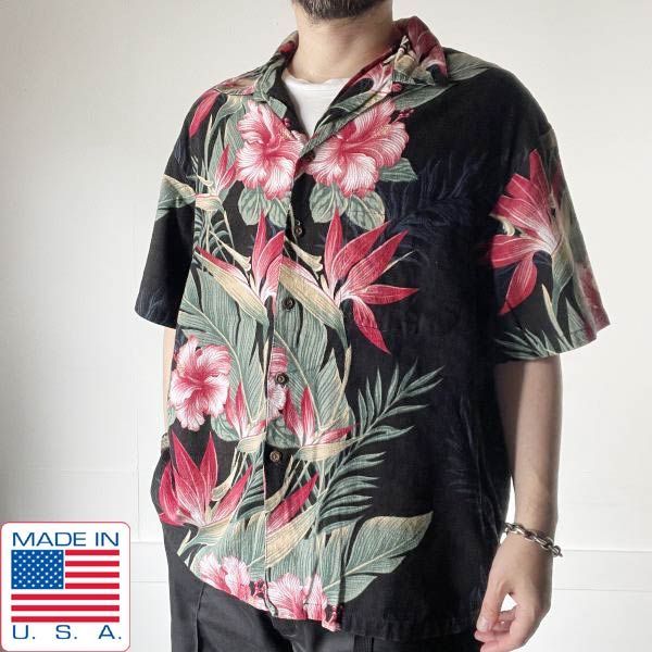 美品 USA製 IOLANI 極楽鳥花 ハイビスカス 半袖 アロハ シャツ XL 黒ベース ボタニカル コットン ビッグサイズ アメリカ製 D147-04-0009ZVW