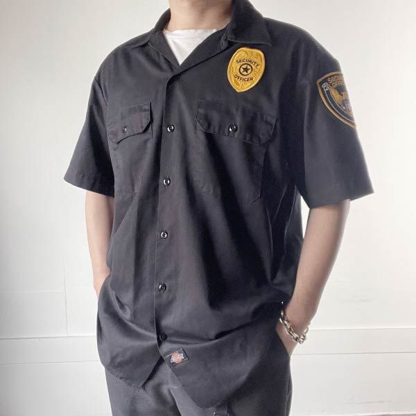 Dickies ディッキーズ SECURITY OFFICER ワッペン付き 半袖 ワーク シャツ 黒 L ブラック D151-04-0005ZV