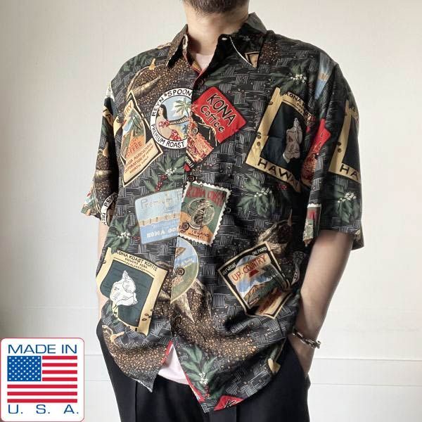 80s-90s USA製 レインスプーナー ダイヤモンドヘッドタグ レーヨン アロハ シャツ 黒ベース L 半袖 ブラック ビンテージ D152-04-0002ZV