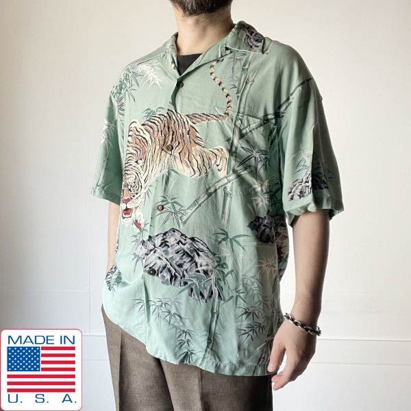 80s USA製 虎柄 和柄 レーヨン アロハシャツ 緑系 L-XL程度 グリーン系 トラ柄 ビンテージ ハワイアン シャツ アメリカ製 D151-04-0003ZVW