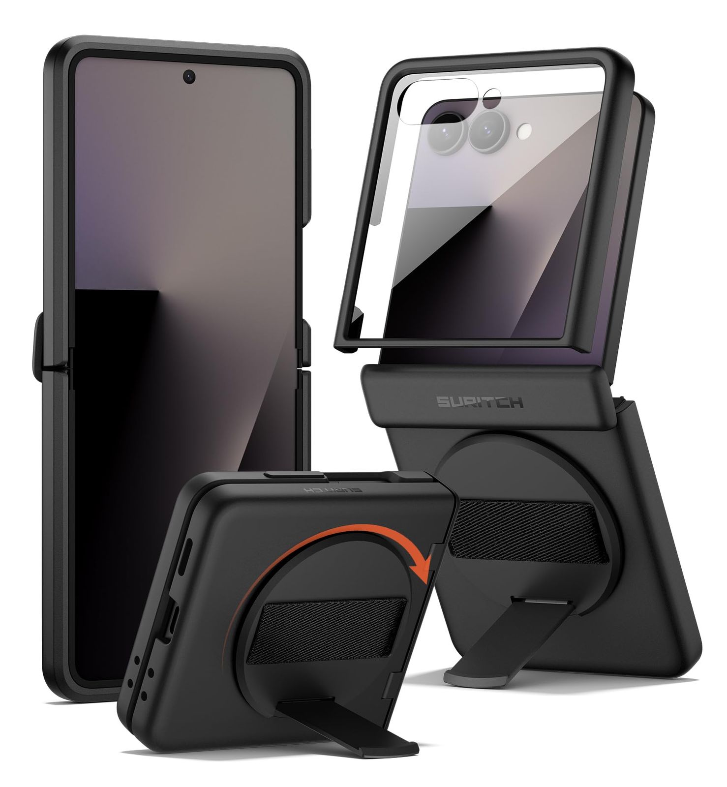 SURITCH 対応Samsung Galaxy Z Flip 7 ケース 360°回転式ハンドストラップグリップホルダー、キックスタンド、スクリーンプロテクター、ヒンジ保護、スリムで頑丈な耐衝撃保護カバー - ブラック