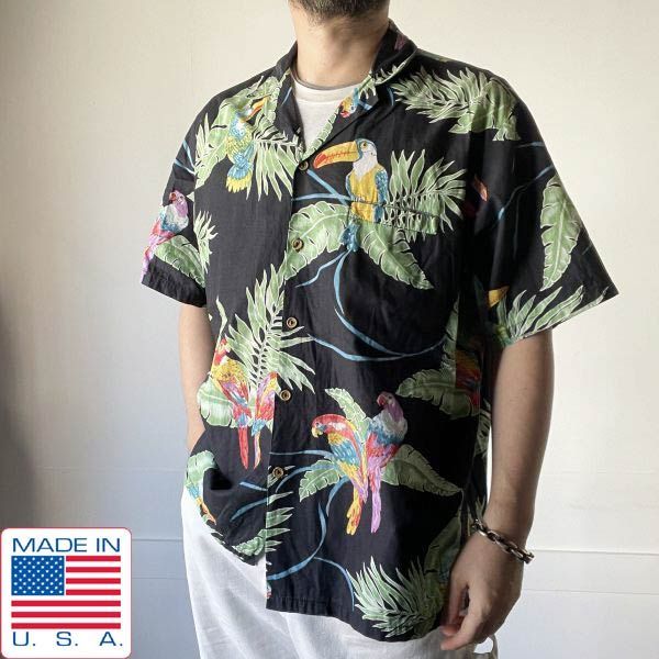 美品 80s USA製 BaReFoot in PaRaDISE ボタニカル 鳥 アロハ シャツ L 黒 ブラックベース アメリカ製 ビンテージ D152-04-0007ZVW