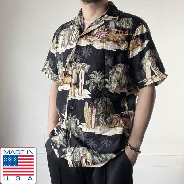 美品 USA製 RJC サーフボード柄 半袖 アロハ シャツ M 黒 コットン ブラック アメリカ製 ハワイ製 D152-04-0006ZVW