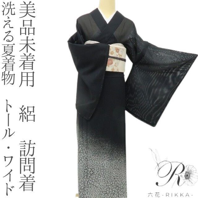 六花-RIKKA- 美品未着用 洗える夏着物 トール・ワイド 絽❀黒絽に幻想を生む、梅の魔法❀訪問着 着物 A5529