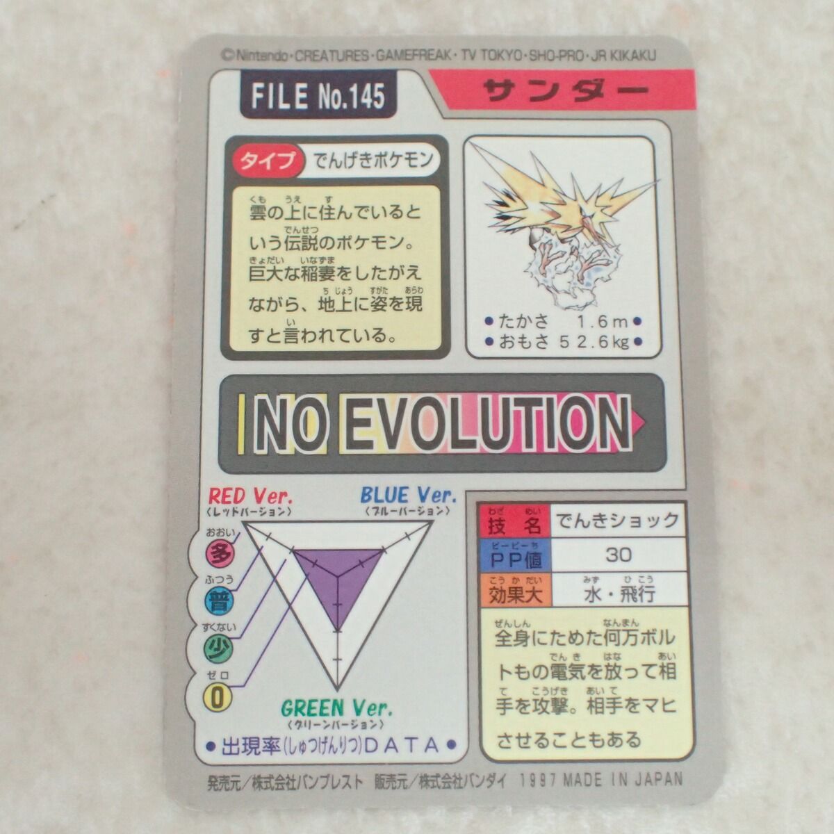 ポケモンカードダス FILE No.145 サンダー でんきショック バンダイ