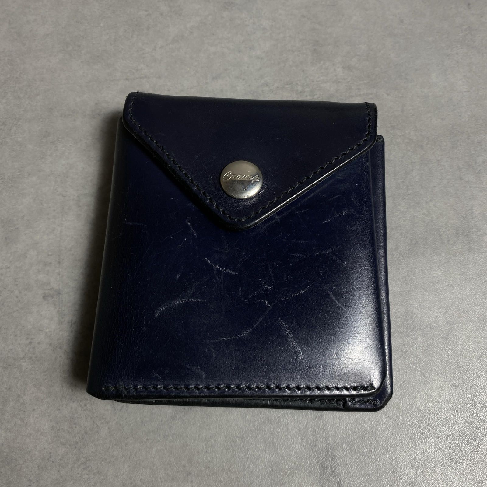 PQ462◇池之端銀革店 Cramp : ギャルソンスリムウォレット ◇ネイビー/黒 ブライドルレザー クランプ 財布