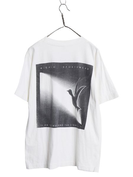 90s アート イラスト プリント Tシャツ メンズ L 古着 オールド 半袖Tシャツ グラフィック シングルステッチ ヘビーウェイト モノトーン 白