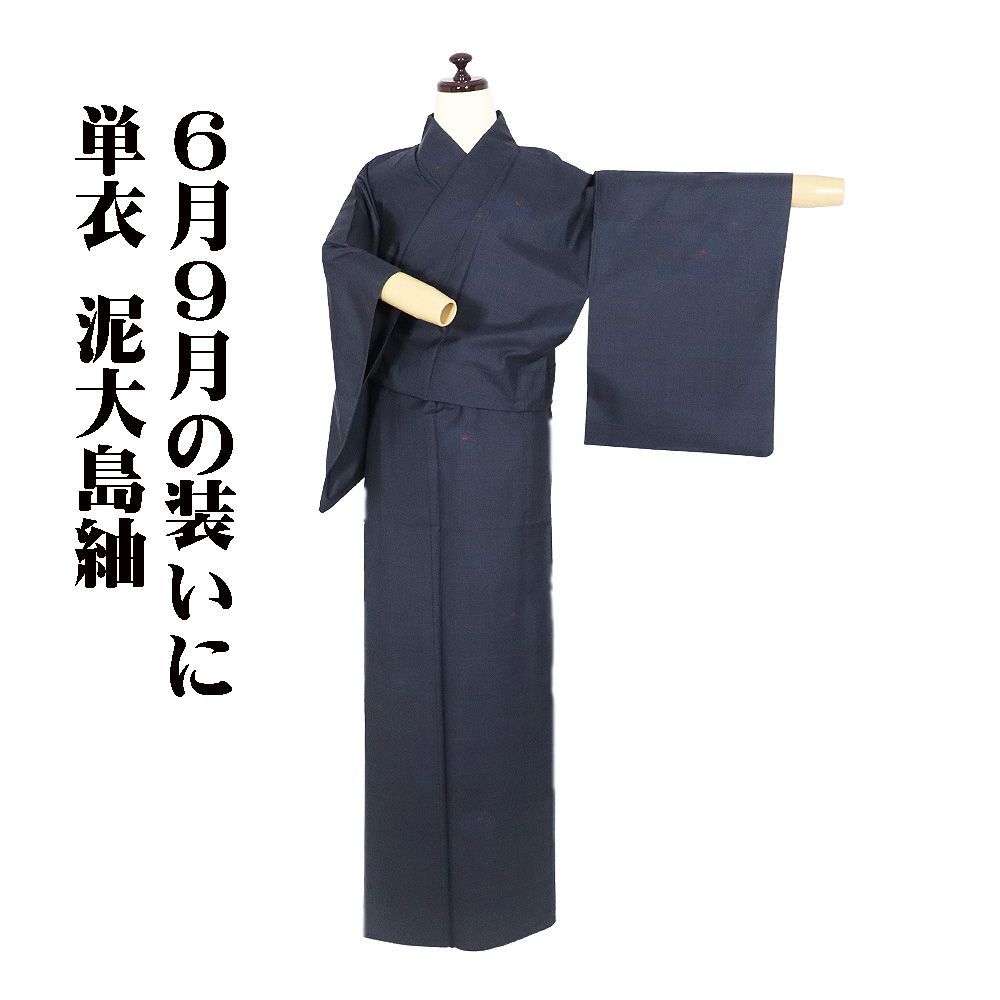単衣 伝統保存工芸品 本場大島紬 泥大島紬 正絹 濃紺 万寿菊 Sサイズ ki32309 美品 夏着物 レディース シルク ギフト カジュアル 送料無料
