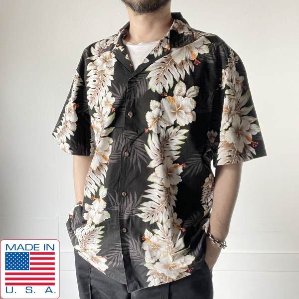 美品 USA製 KY'S ハイビスカス ボタニカル柄 半袖 アロハ シャツ XL 黒ベース コットン ビッグサイズ アメリカ製 ハワイ製 D147-04-0017ZVW 8,649円