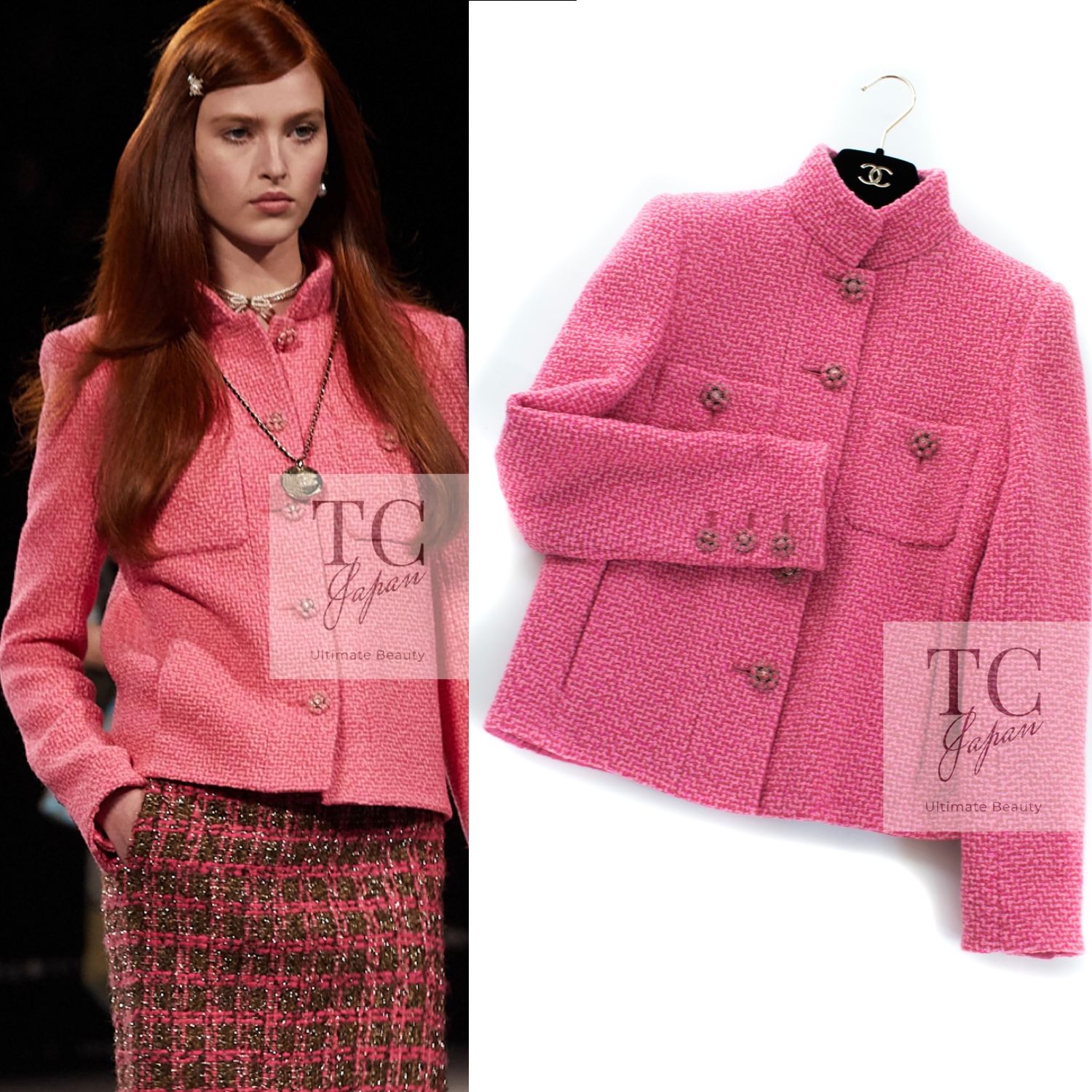 シャネル ジャケット CHANEL 2022 ピンク ウール 100% ツイード マンダリン スタンド カラー 106万 ランウェイ登場 新品同様 34 36