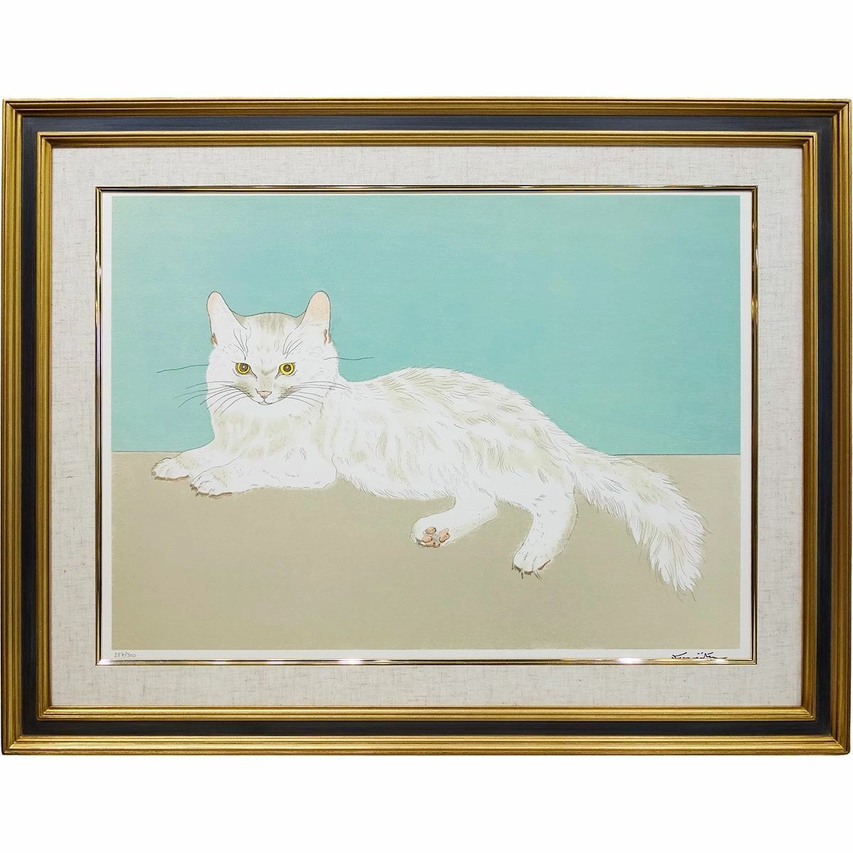 版画 藤田嗣治「白い猫」リトグラフ エスタンプ 8号相当 額付き 真作保証 ADAGP承認 保証書付き 猫の絵 ねこ 動物画 Foujita 絵画 美術品 アート 現品限り YE629