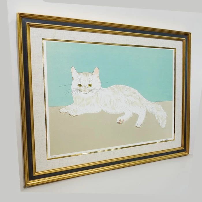 藤田嗣治 エスタンプリトグラフ「自画像 」8/150 版画 藤田嗣治「白い猫」リトグラフ エスタンプ 8号相当 額付き 真作