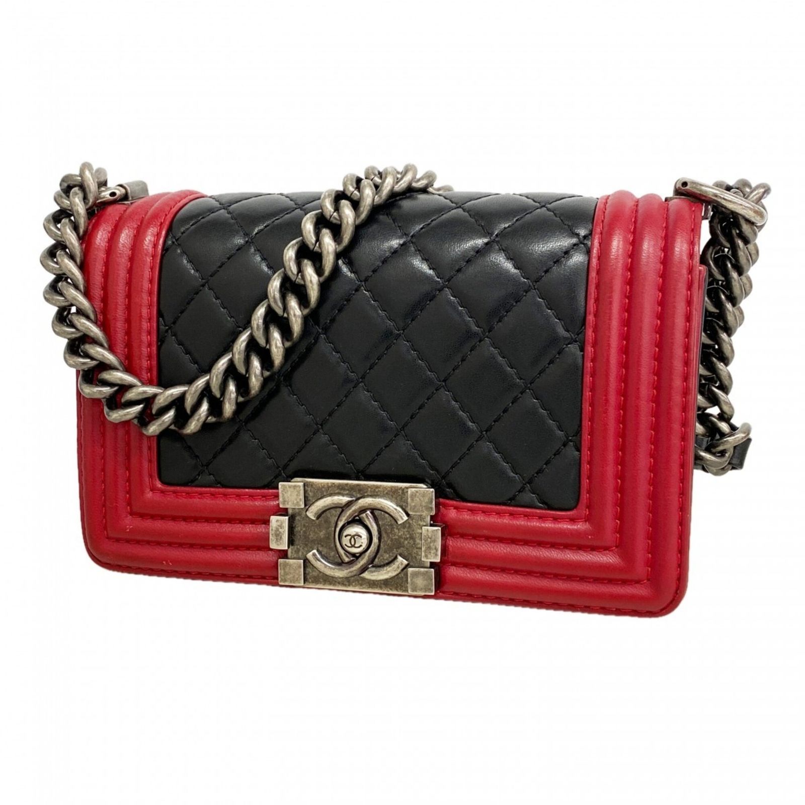 シャネル(Chanel) シャネル ショルダーバッグ ボーイシャネル チェーンショルダー ラムスキン ブラック レッド レディース P3138326