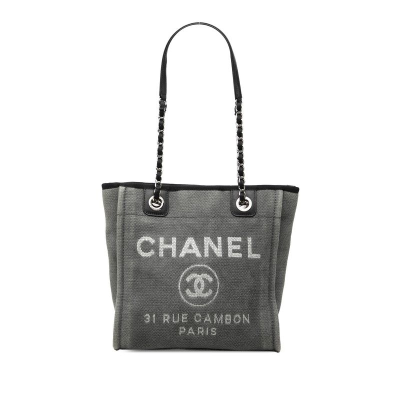 シャネル ドーヴィルPM チェーン トートバッグ ショルダーバッグ グレー ブラック キャンバス レザー レディース CHANEL【230-77167】