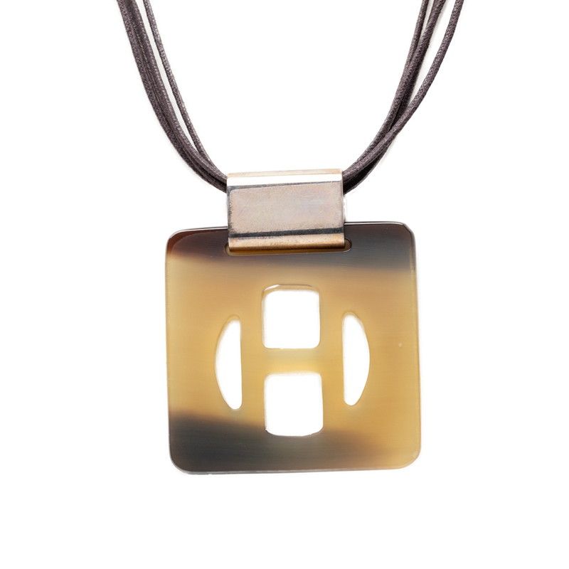 エルメス Hロゴ ネックレス ブラウン ベージュ バッファローホーン レディース HERMES【230-77215】