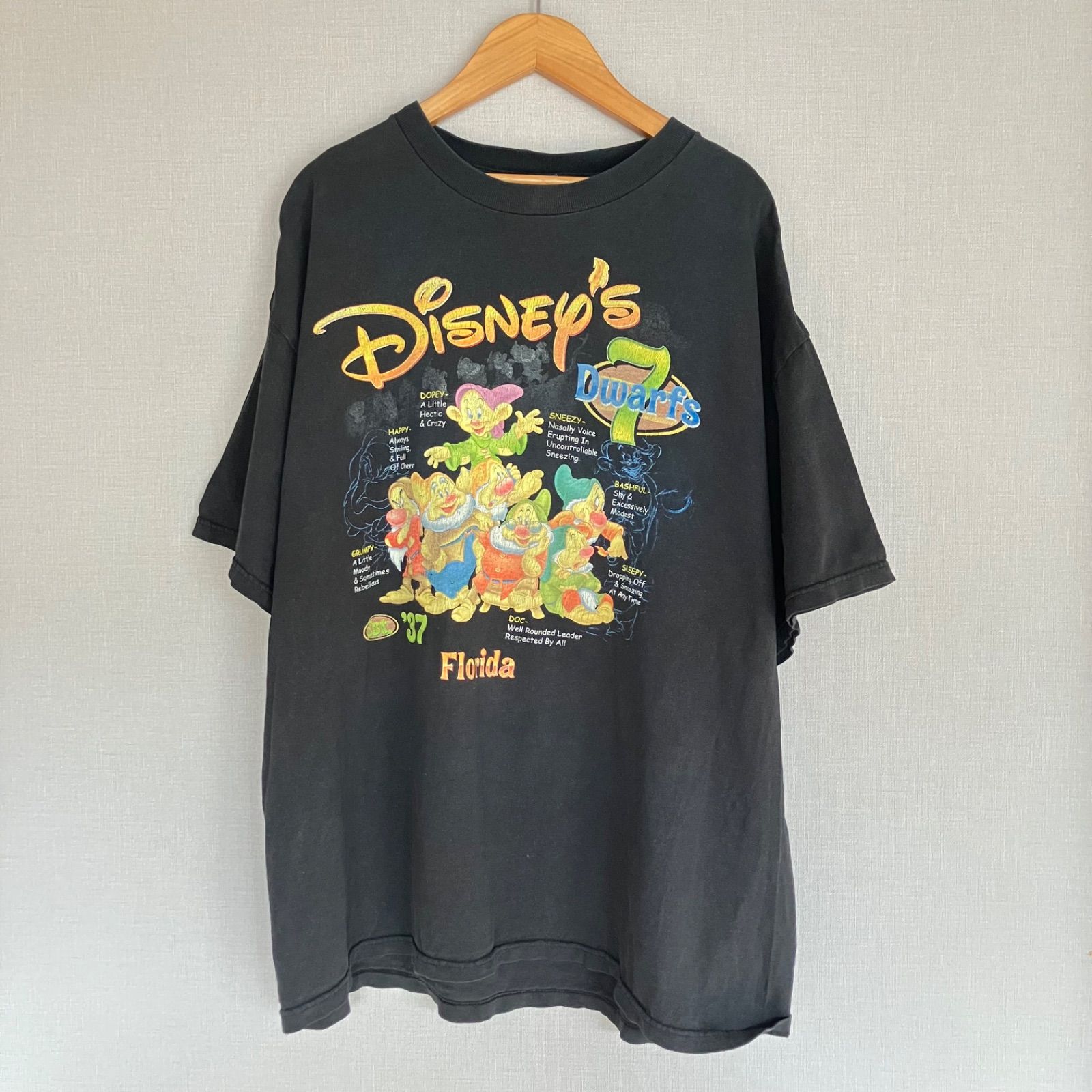 Disney 7人の小人 Tシャツ 90s 00s Y2K 白雪姫 Seven Dwarfs フロリダ ディズニーワールド 青タグ キャラクター ブラック 黒 藤ヶ谷太輔 着用同型 古着 メンズ XL ヴィンテージ キスマイ Kis-My-Ft2