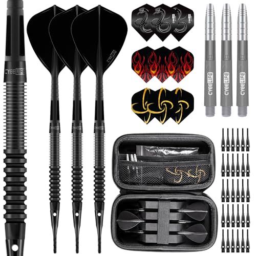CyeeLifeプロフェッショナルタングステン合金ソフトチップダーツセット,18 g、統合飛行3つとシャフト30つの追加チップ9つの飛行3つのPCシャフト1つの電子ボードバッグ付き,ギフトセット (ブラック)e