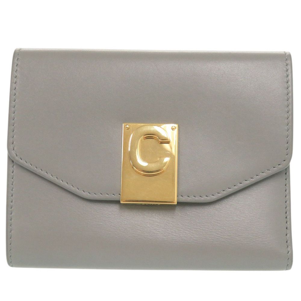 美品 セリーヌ C金具 コンパクトウォレット レザー グレー 三つ折り財布 0001 CELINE