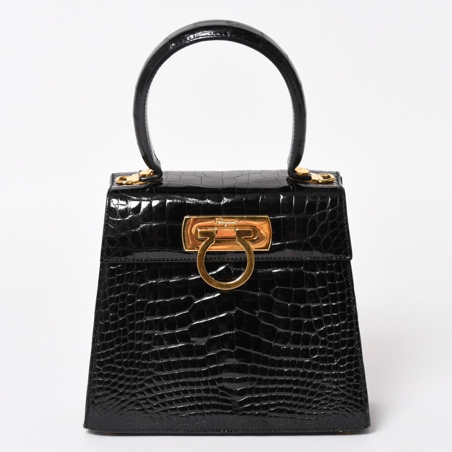 サルヴァトーレフェラガモ　ハンドバッグ　ダブル　ガンチーニ　編み込み　レザー　黒 Salvatore Ferragamo サルヴァトーレフェラガモ ガンチーニ