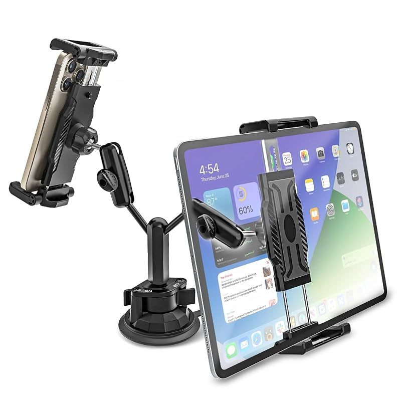 【新品】 Kolasels【“初”発売 & 最強の安定】タブレットホルダー 車 フロントガラスダッシュボード用デュアル 車載ホルダー 吸盤式 ipad 車載ホルダー スマホホルダー 車 トラック用タブレットホルダー 金属製調整アーム 強力吸盤 360°回転 安