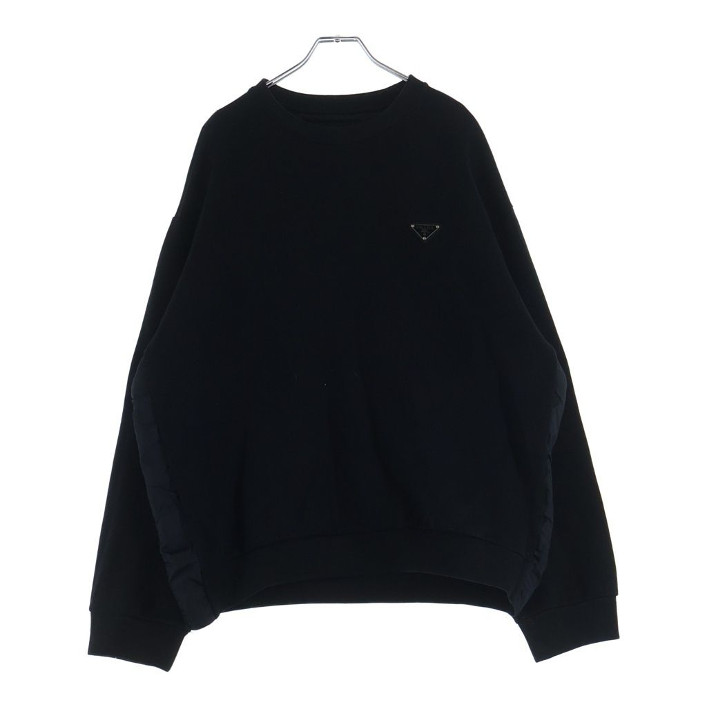 PRADA (プラダ) テクニカルコットン トライアングルロゴプレート ナイロン切替 クルーネックスウェットシャツ トレーナー ブラック UJL30A S222